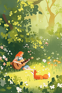 夏季插画女孩吉他深林海报