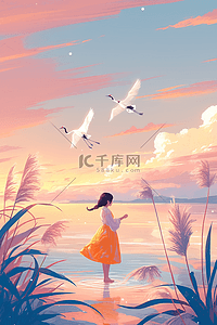 白色的丹顶鹤插画图片_夕阳唯美女孩天空海边手绘夏季海报矢量插画