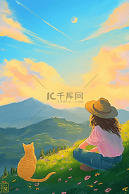 唯美插画夕阳女孩小猫手绘海报夏季