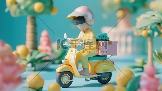 燃烧的电动车插画图片_快乐送餐员骑着黄色电动车插画设计