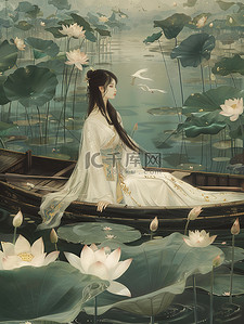柱子古风插画图片_古风女孩坐在荷花池的船上素材
