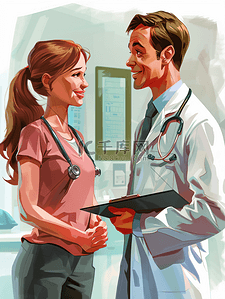 病人站立插画图片_微笑的医生医院女孩病人交谈