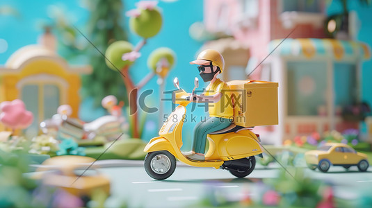 快乐送餐员骑着黄色电动车插画