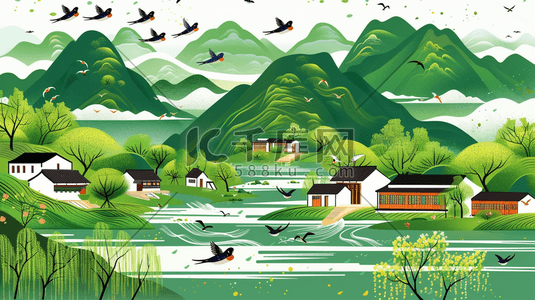 山村河流插画图片_春季青山绿水旁的村庄插画