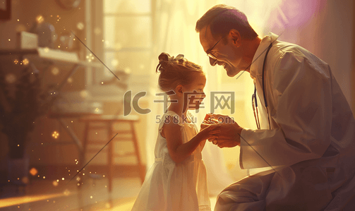 老人照顾小孩插画图片_照顾小女孩的医生