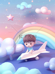 大理石白色插画图片_可爱男孩坐在白色的纸飞机上插画海报