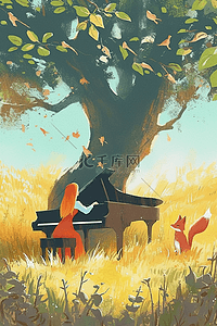 钢琴卡通插画图片_风景女孩钢琴手绘插画唯美海报