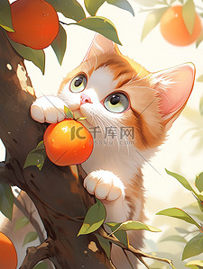 一只小猫在果树上插画图片