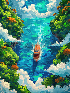 小船在蓝色海洋中航行的鸟瞰图原创插画