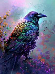 彩虹乌鸦肖像绿色和紫色羽毛肖像