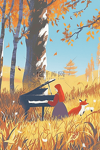 钢琴卡通插画图片_唯美风景女孩钢琴手绘插画海报