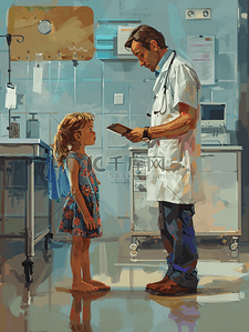 调查研究的插画图片_小女孩给医院医生给看病