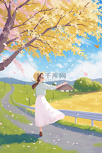 白色的草插画图片_插画夏季女孩山上唯美海报