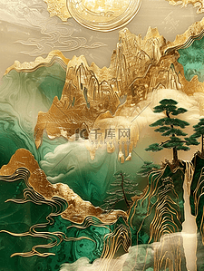 陶瓷马桶插画图片_中国风山川河流瓷器插画