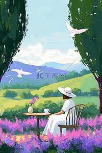 夏季风景女孩赏花手绘插画海报
