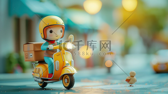 电动车实物插画图片_快乐送餐员骑着黄色电动车插图