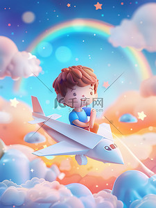 可爱男孩坐在白色的纸飞机上原创插画