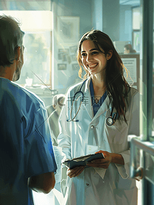 病人转运插画图片_微笑的医生医院女孩病人交谈