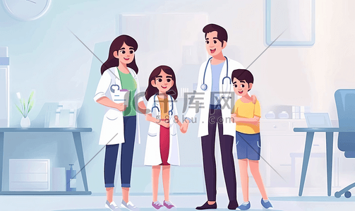 小孩微笑插画图片_家庭医生小轻的母亲带着女儿群医生医院里