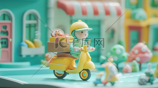 黄色快乐插画图片_快乐送餐员骑着黄色电动车插画海报