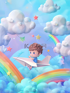 白色pe板插画图片_可爱男孩坐在白色的纸飞机上插画海报