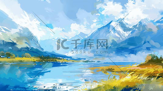 户外美景插画图片_唯美山峰湖泊美景2