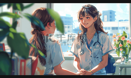 女人说话插画图片_微笑的医生医院女孩病人交谈