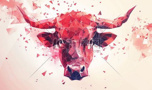 炫酷几何风插画图片_低多边形红牛头与几何图案的摘要背景