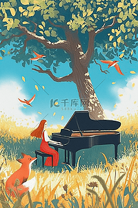 钢琴卡通插画图片_插画唯美风景女孩钢琴手绘海报