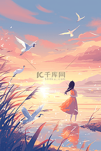 夕阳唯美女孩天空夏季海边手绘海报插画设计