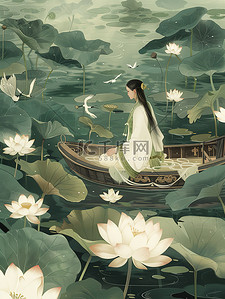 船上的门插画图片_古风女孩坐在荷花池的船上插图
