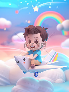 白色透明边框底纹插画图片_可爱男孩坐在白色的纸飞机上图片