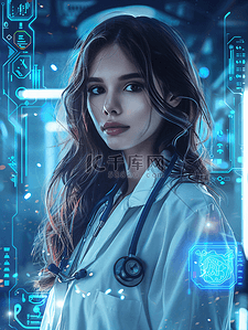 技术升级插画图片_医疗保健 医疗未来技术女医生与虚拟接口