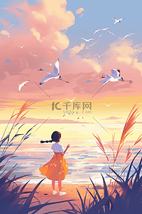 白色的丹顶鹤插画图片_夏季夕阳唯美手绘女孩天空海边海报图片