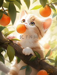 一只小猫在果树上插图