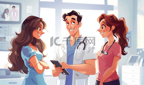微笑的鱼插画图片_微笑的医生医院女孩病人交谈