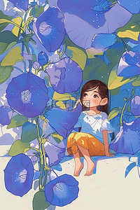女孩紫色喇叭花唯美手绘海报夏季插画图片