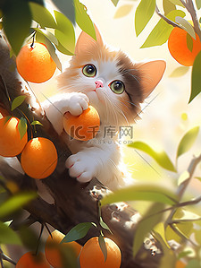 可爱果实插画图片_一只小猫在果树上插画设计
