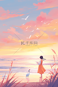 白色的丹顶鹤插画图片_夕阳夏季唯美女孩天空海边手绘海报插画