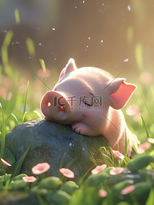 卡通小猪动物插画图片_草原一只悲伤的小猪图片