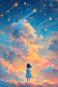 天空星光云朵手绘唯美插画海报