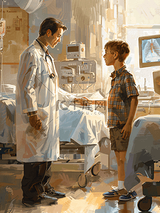 红色医疗插画图片_小男孩在医院看医生
