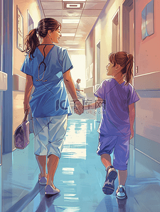 女孩职业插画图片_微笑的女孩医院走廊里散步时看着中等成人护士