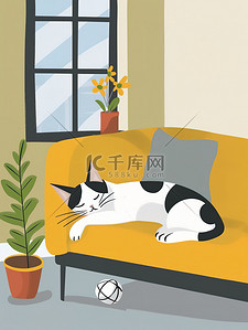 睡觉卡通插画图片_睡在沙发上的猫咪卡通插图