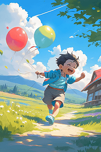 气球手绘卡通插画图片_男孩奔跑夏天气球手绘插画海报