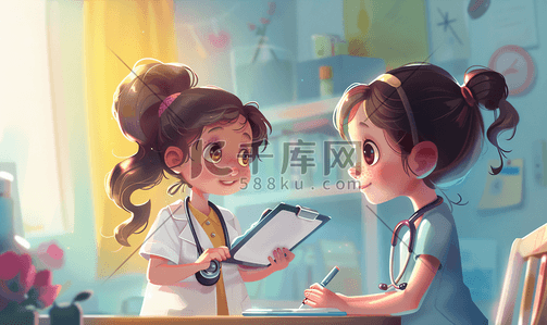 东南亚人插画图片_可爱的小女孩和医生
