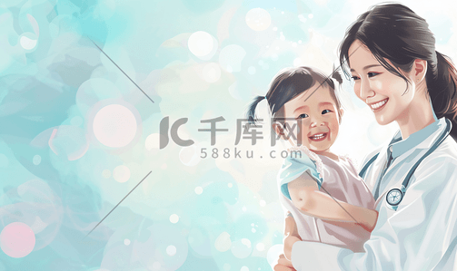 个人护理插画图片_病人东亚活力年轻妈妈带着孩子看医生