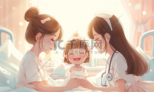 医师护士插画图片_护士关爱照顾生病住院的小女孩