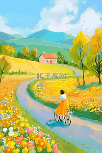 夏季女孩道路风景插画手绘海报