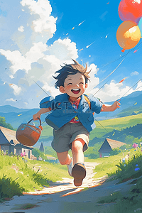夏天手绘男孩奔跑气球插画海报